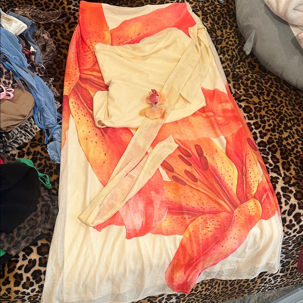Floral Maxi set with skirt & top with Bold Orange Lily Print